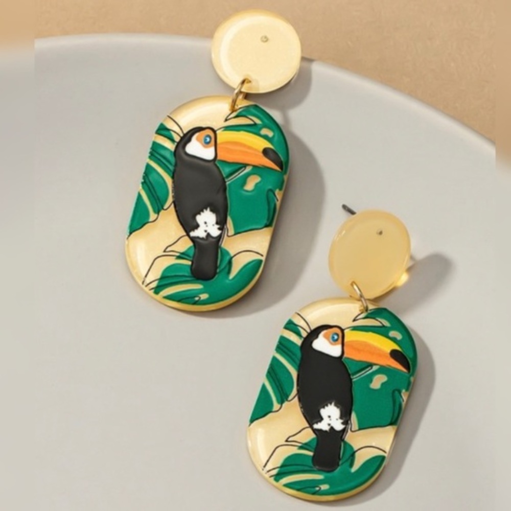 Tropical bird oval earrings